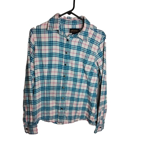 Lincoln Outfitters Womens L Button Down Plaid Flannel Shirt  Blue Pink western - Picture 1 of 4